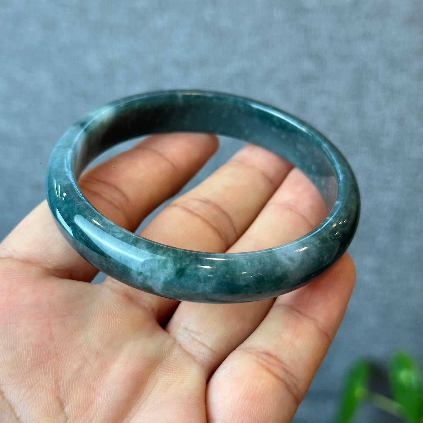 Natural Dark Blue Water Jadeite Jade Bangle Leaf Style Size 60 mm