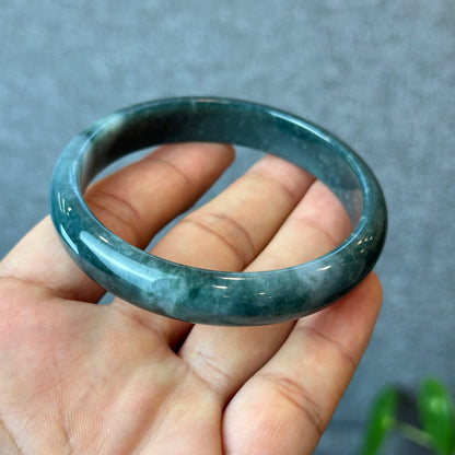 Natural Dark Blue Water Jadeite Jade Bangle Leaf Style Size 60 mm