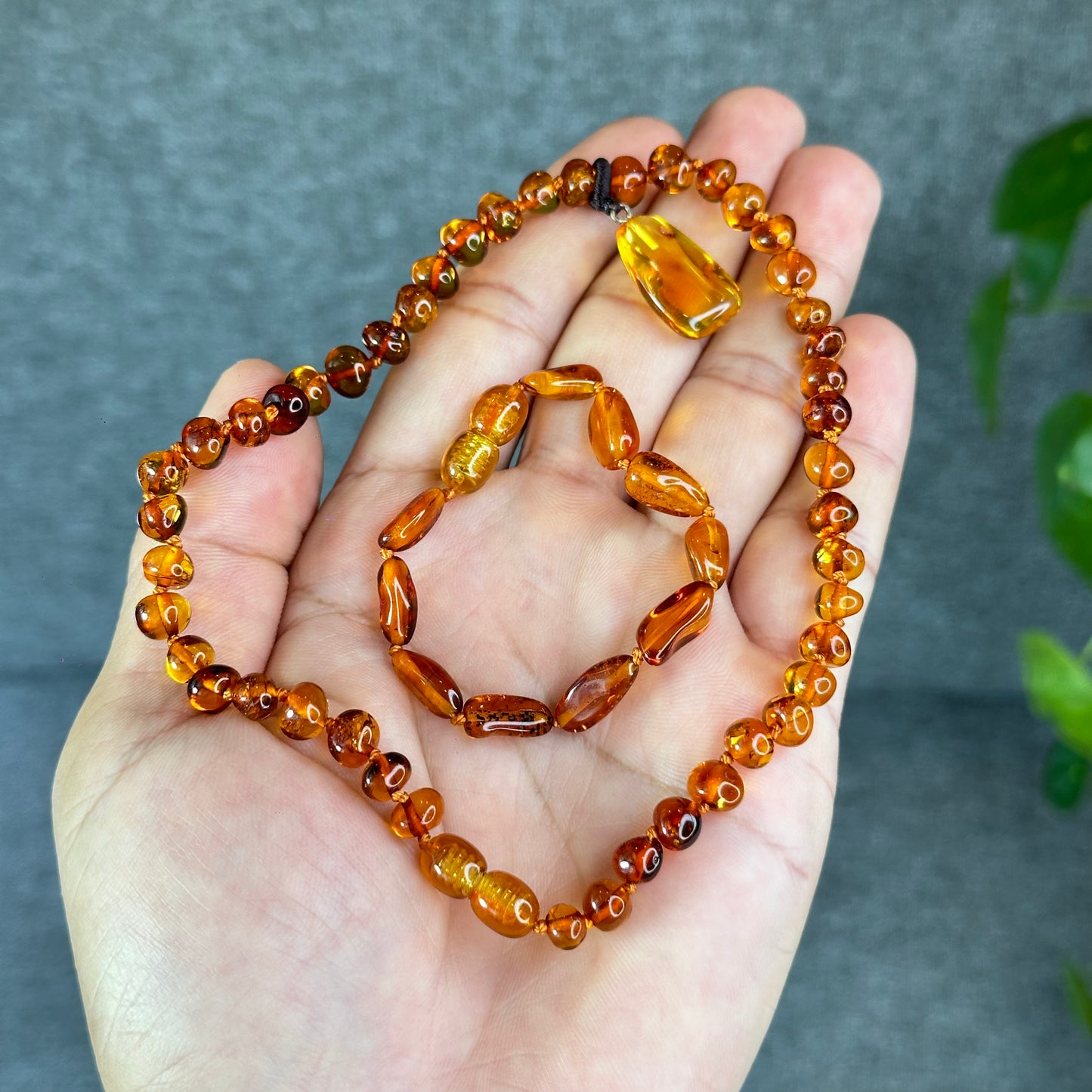 Natural Amber Necklace and Bracelet with Pendant for Kids