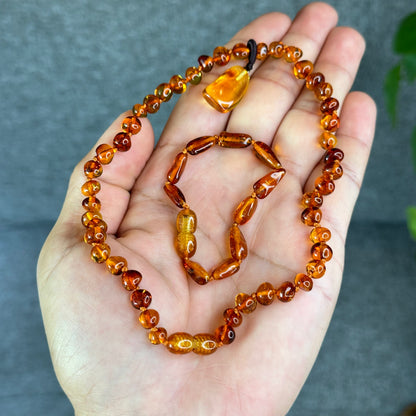 Natural Amber Necklace and Bracelet with Pendant for Kids
