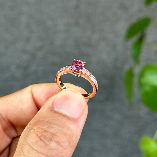 Natural Pink Spinel Ring in 14 k Rose Gold Setting with Pink Bucket Stone on Each Side, Size 1.6