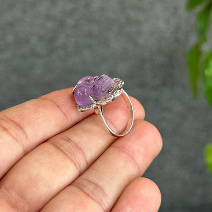 Pixiu Natural Amethyst Ring in Silver with White Stone Setting Size 1.65