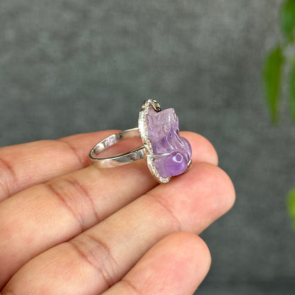 Pixiu Natural Amethyst Ring in Silver with White Stone Setting Size 1.65