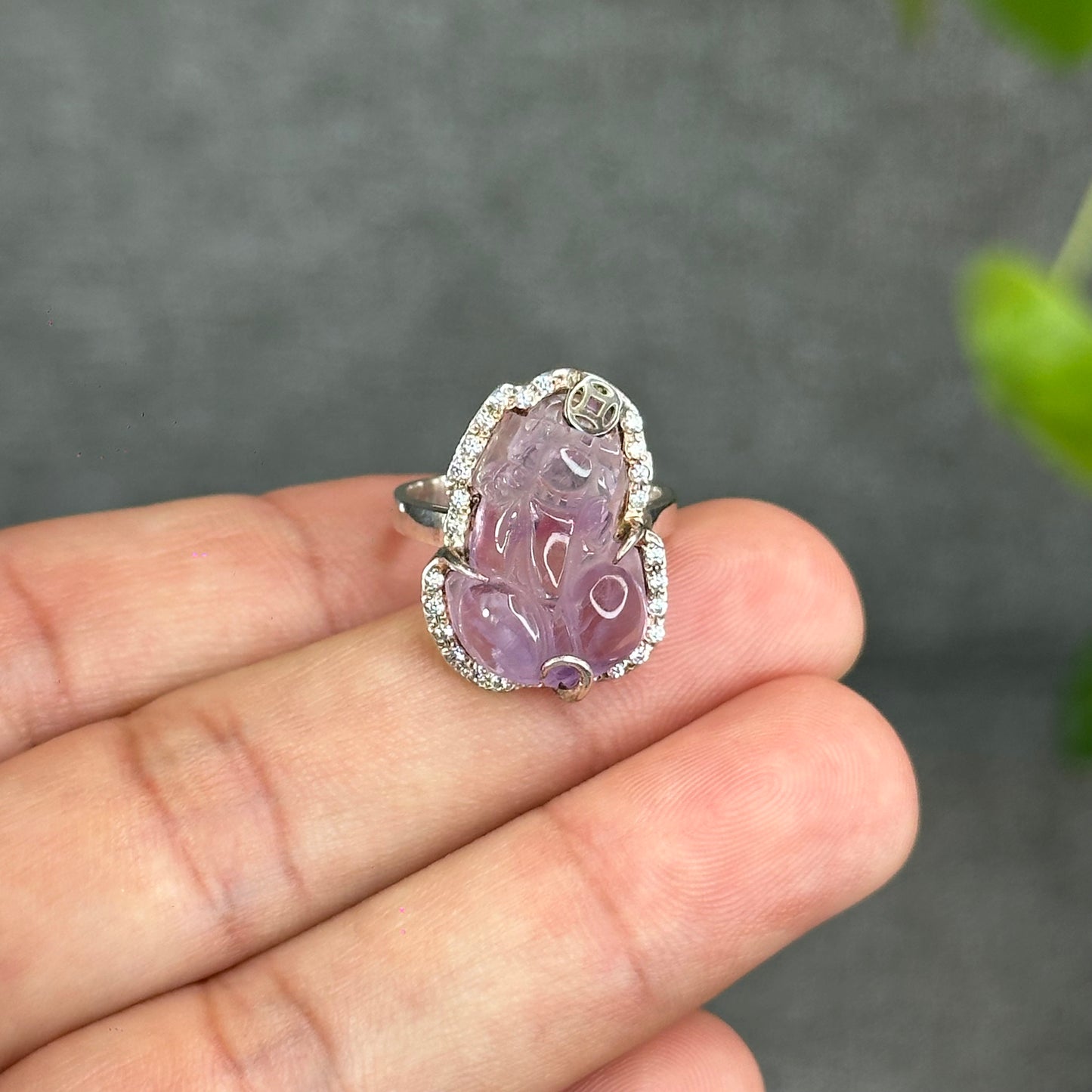 Pixiu Natural Amethyst Ring in Silver with White Stone Setting Size 1.65