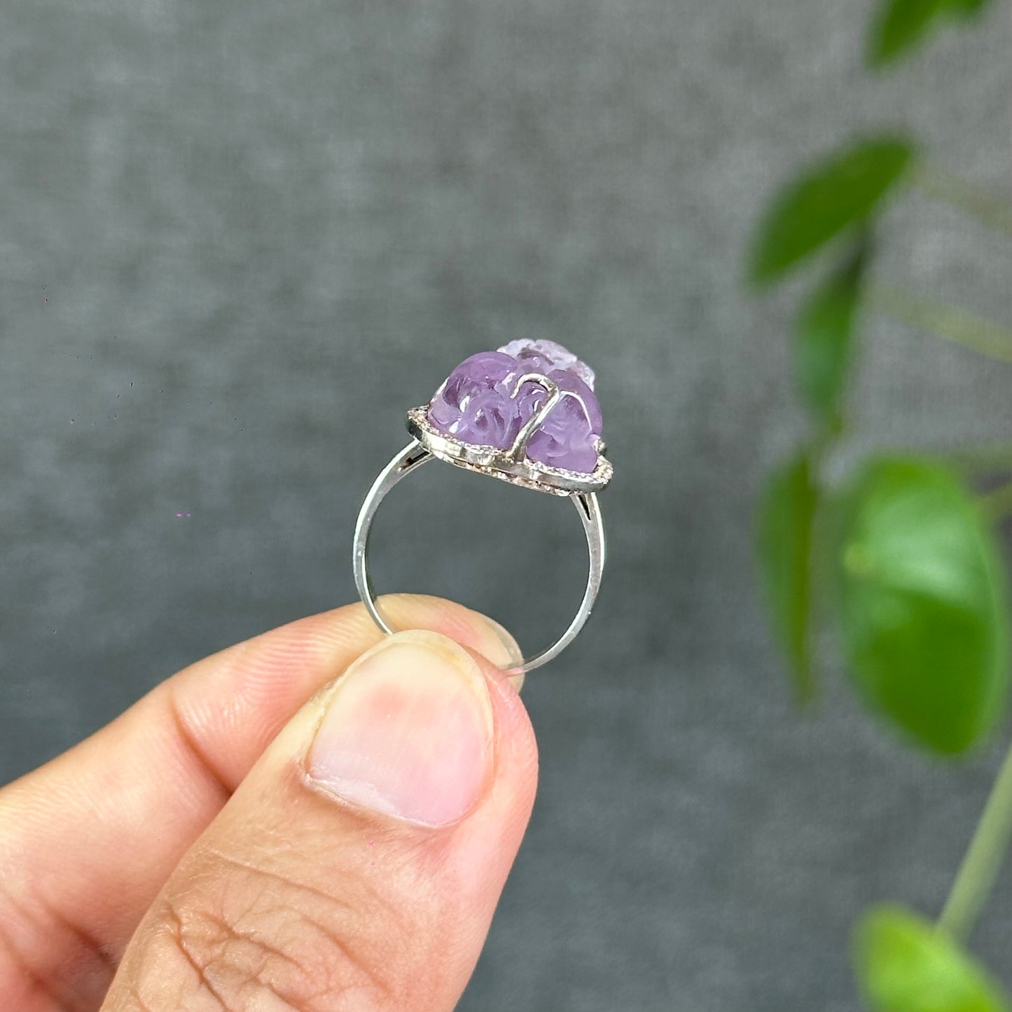 Pixiu Natural Amethyst Ring in Silver with White Stone Setting Size 1.65