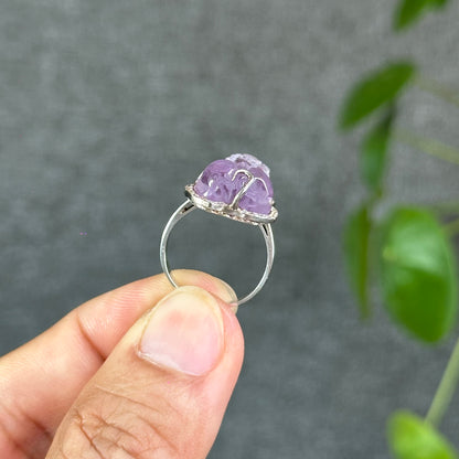 Pixiu Natural Amethyst Ring in Silver with White Stone Setting Size 1.65