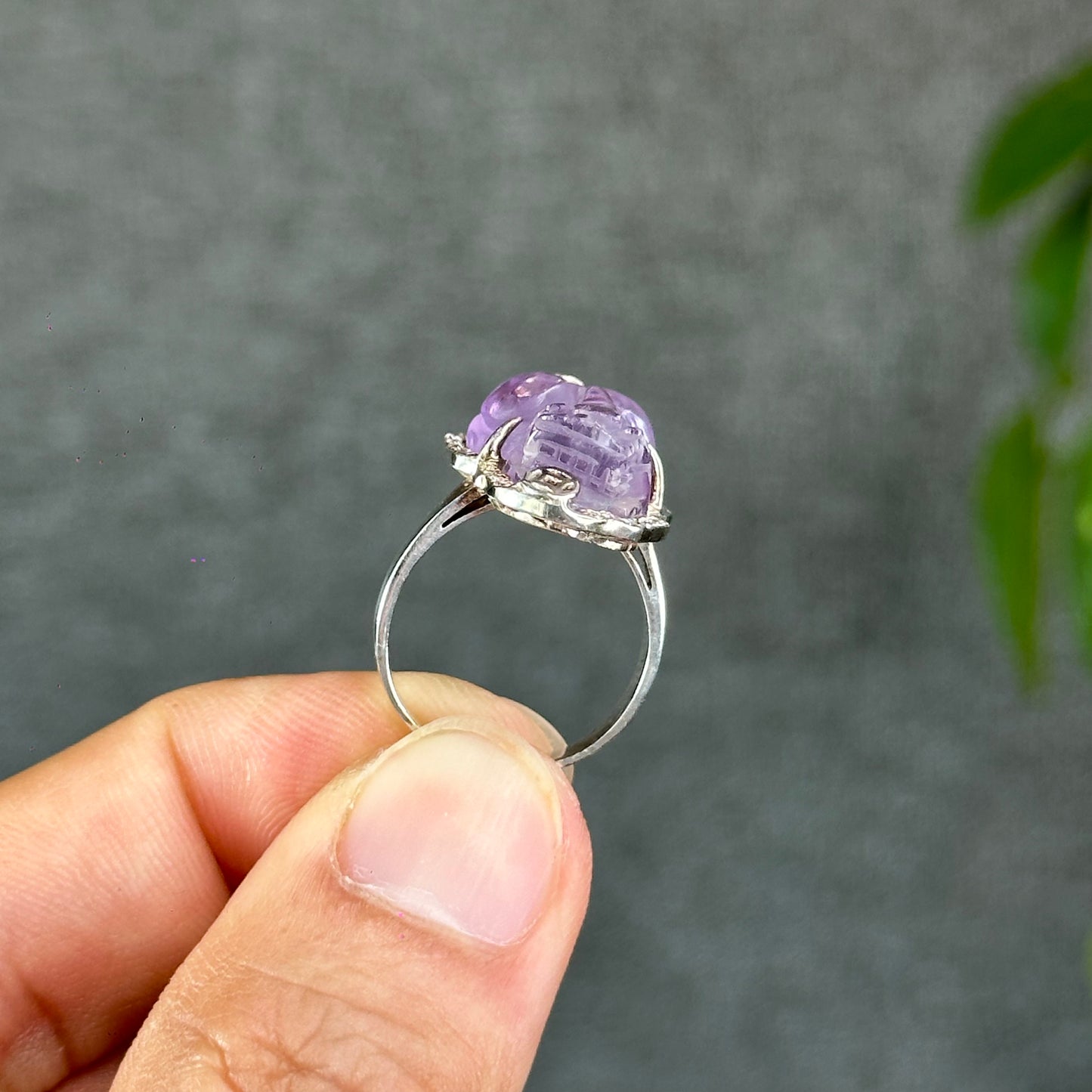 Pixiu Natural Amethyst Ring in Silver with White Stone Setting Size 1.65