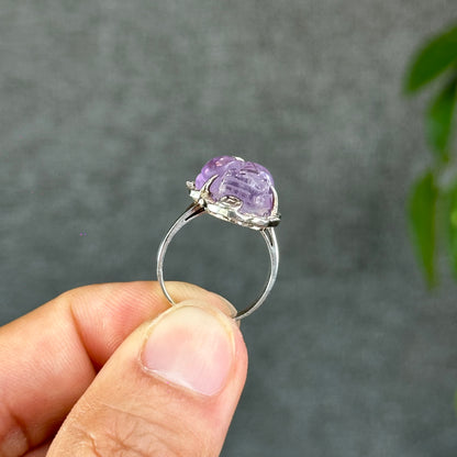 Pixiu Natural Amethyst Ring in Silver with White Stone Setting Size 1.65