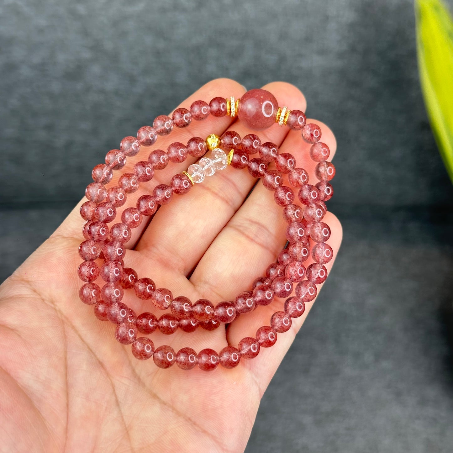 Natural Pink Strawberry Quartz Triple Wrap Bracelet Size 6 mm