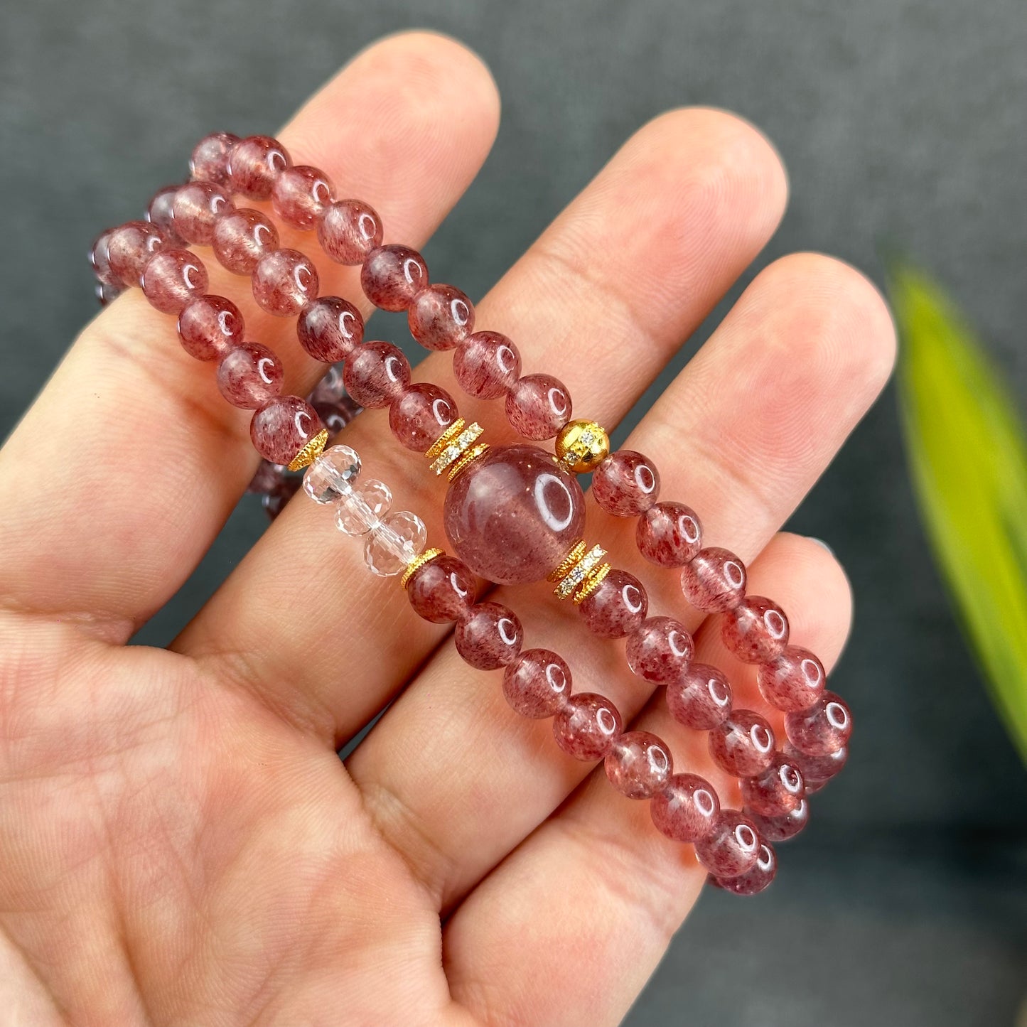Natural Pink Strawberry Quartz Triple Wrap Bracelet Size 6 mm