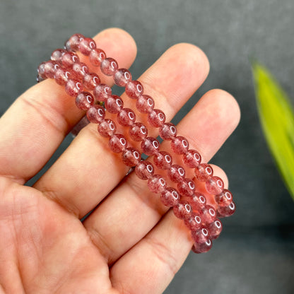 Natural Pink Strawberry Quartz Triple Wrap Bracelet Size 6 mm