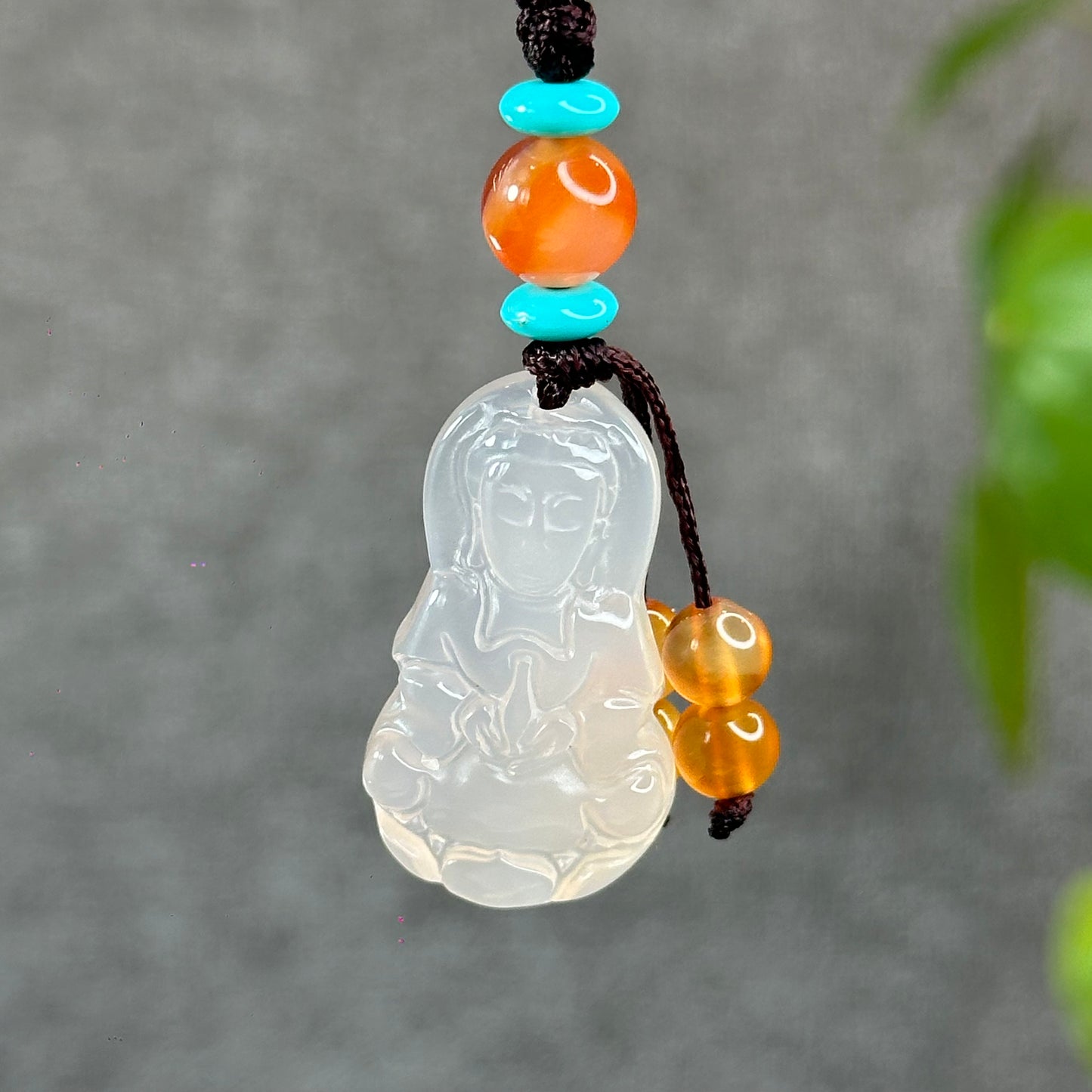 Quan Yin Buddha Natural White Agate Accessory with Metal Hoop