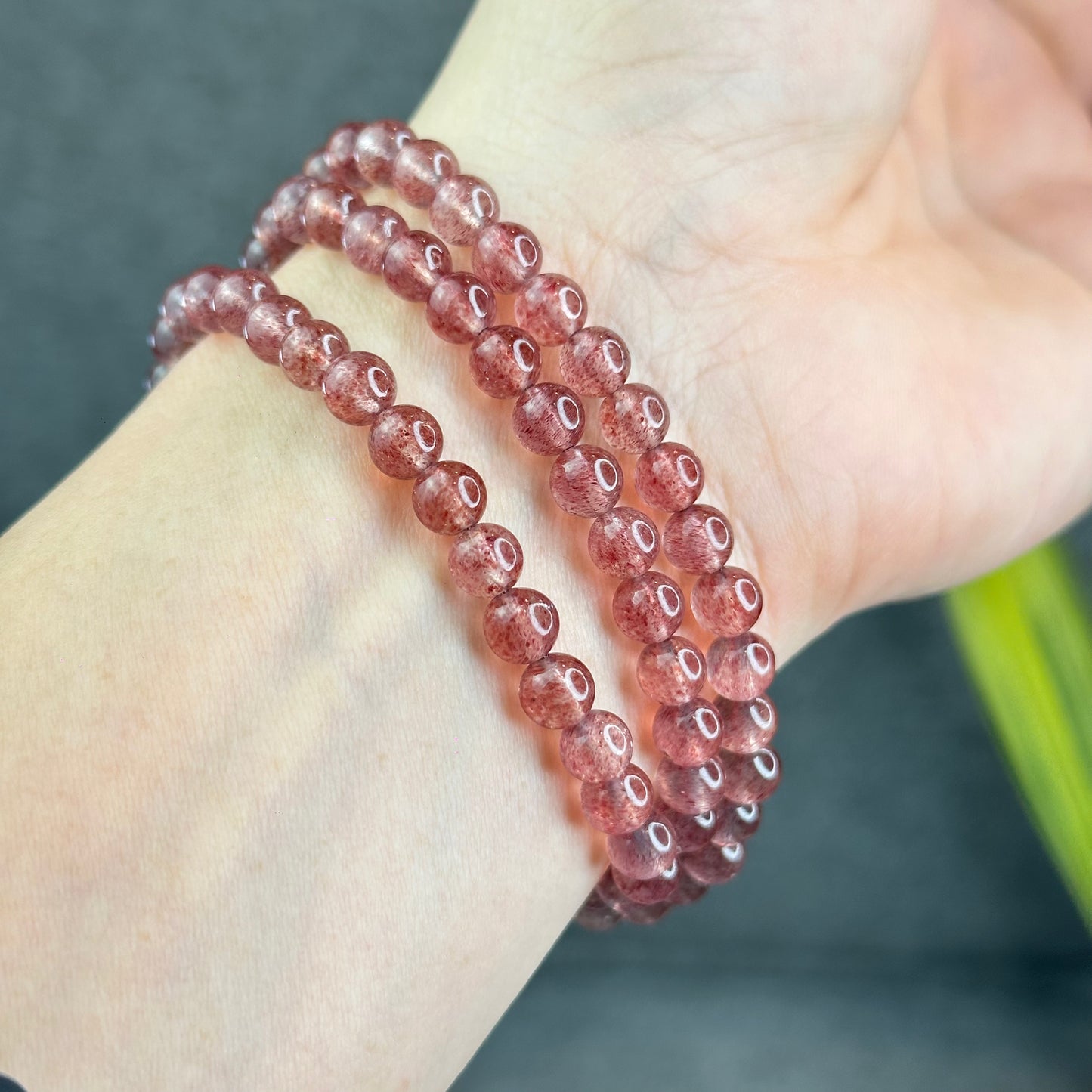 Natural Pink Strawberry Quartz Triple Wrap Bracelet Size 6 mm