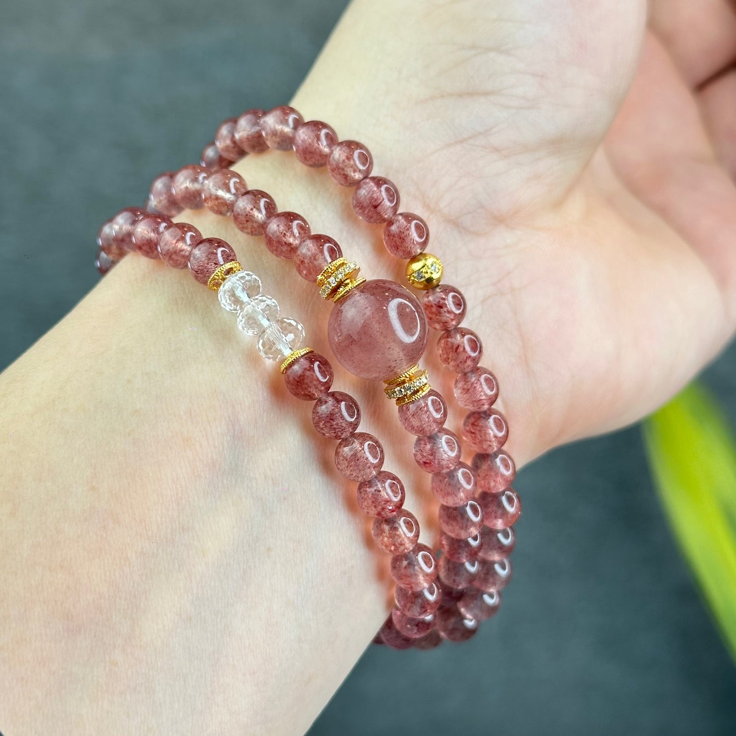 Natural Pink Strawberry Quartz Triple Wrap Bracelet Size 6 mm