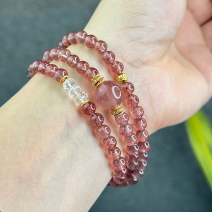 Natural Pink Strawberry Quartz Triple Wrap Bracelet Size 6 mm