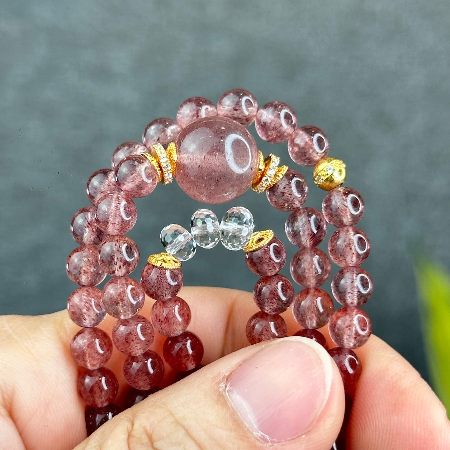 Natural Pink Strawberry Quartz Triple Wrap Bracelet Size 6 mm