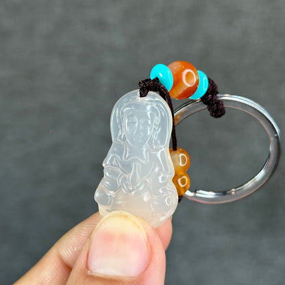 Quan Yin Buddha Natural White Agate Accessory with Metal Hoop