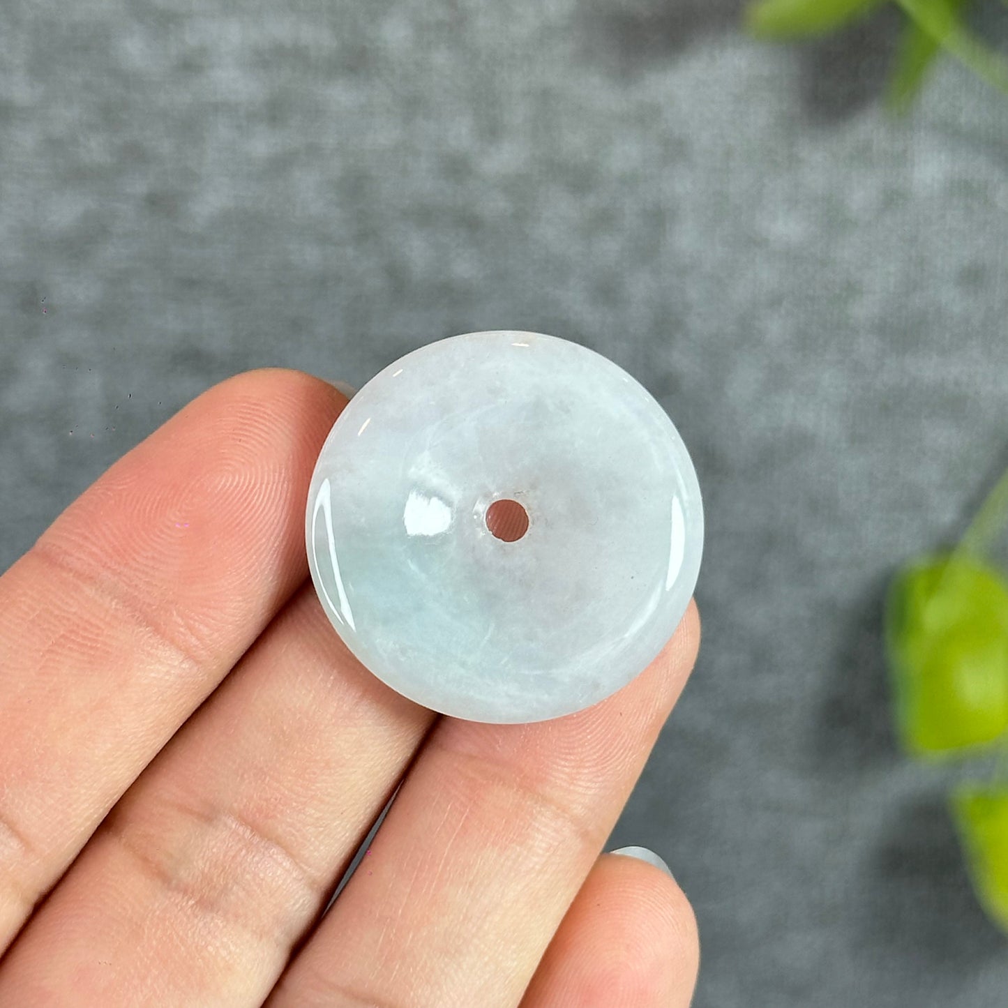 Semi-Translucent Light Water Green Natural Jadeite Jade Donut (Dong Dieu)