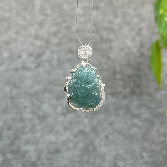 Natural Water Green Jadeite Jade Ho Ly Pendant in Silver Setting