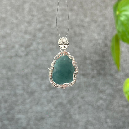 Natural Water Green Jadeite Jade Ho Ly Pendant in Silver Setting