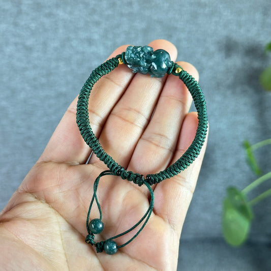 Water Green Jadeite Jade Pixiu Braided Bracelet