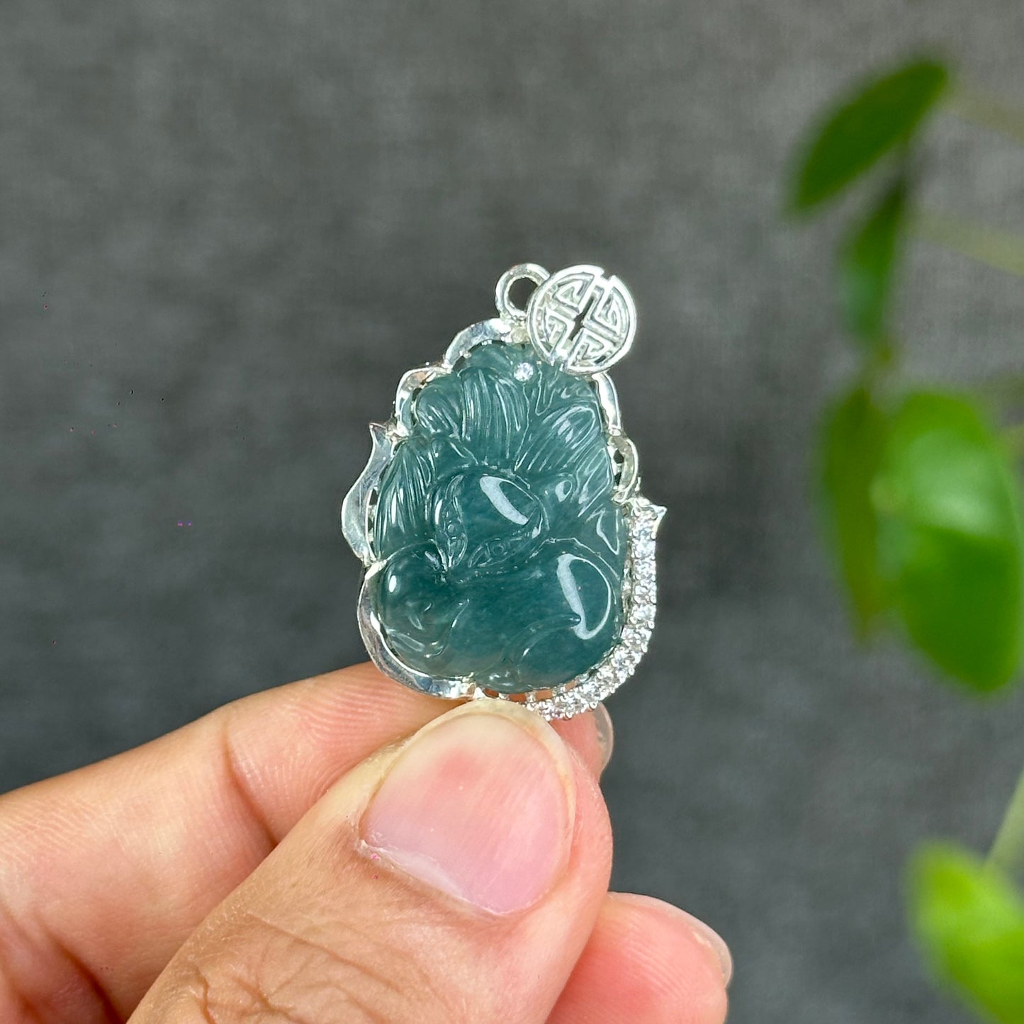 Natural Water Green Jadeite Jade Ho Ly Pendant in Silver Setting