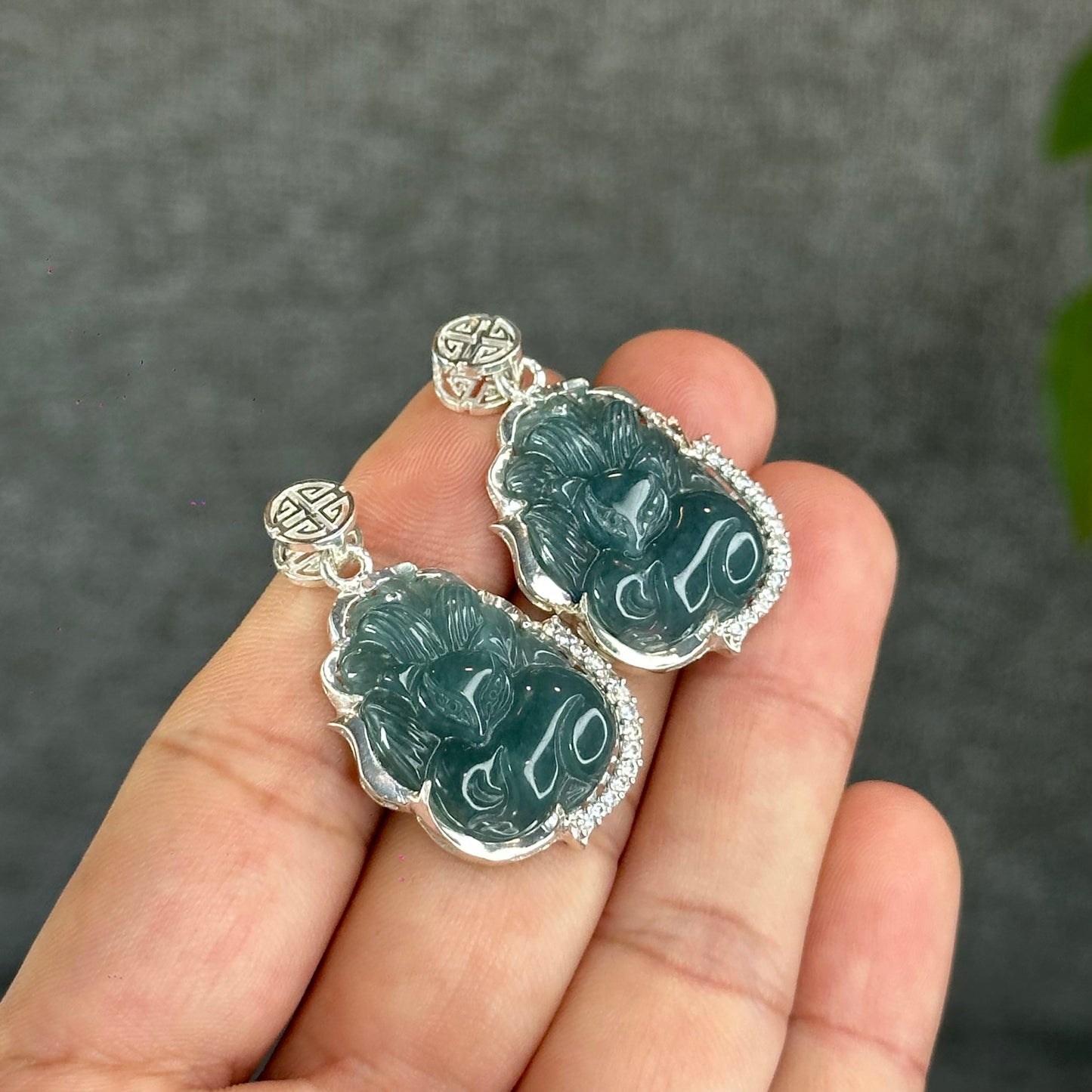 Natural Water Green Jadeite Jade Ho Ly Pendant in Silver Setting