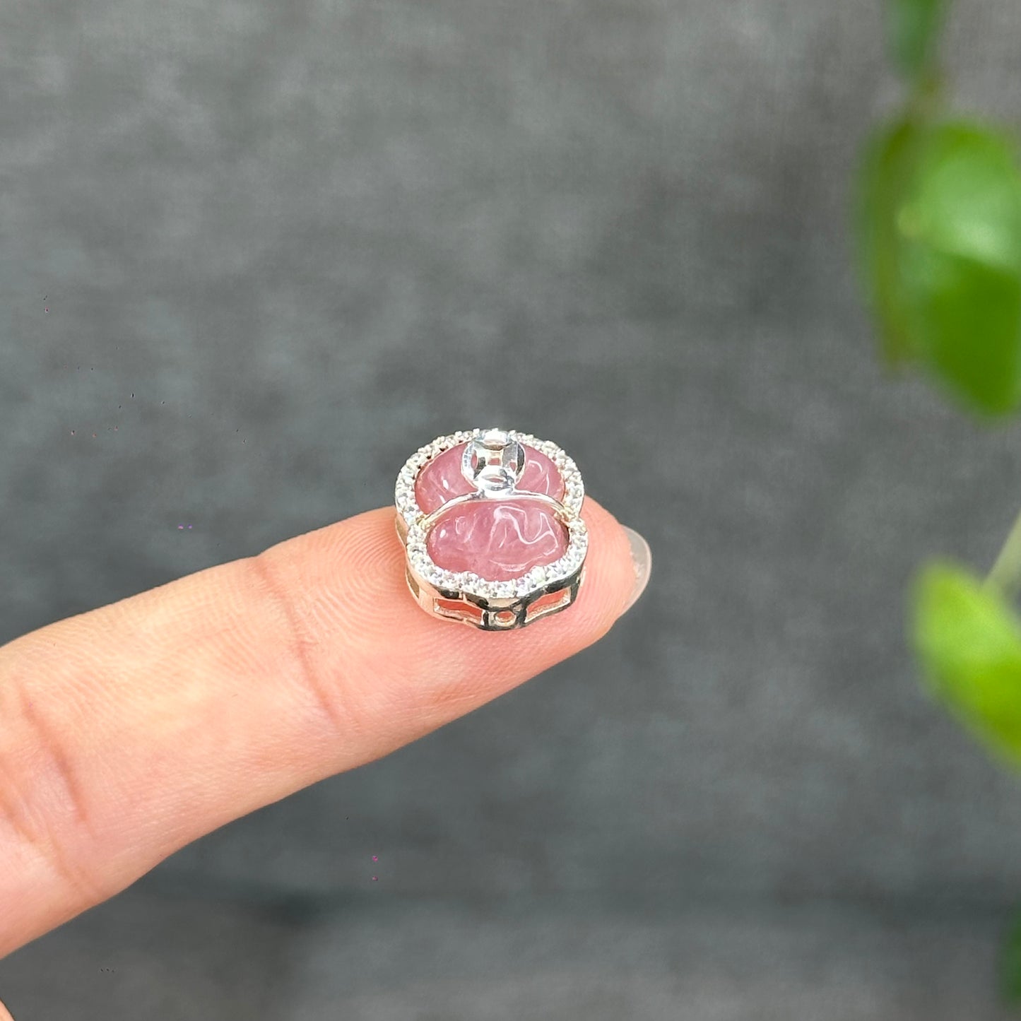 Natural Rose Quartz Money Bag Charm in Silver Setting