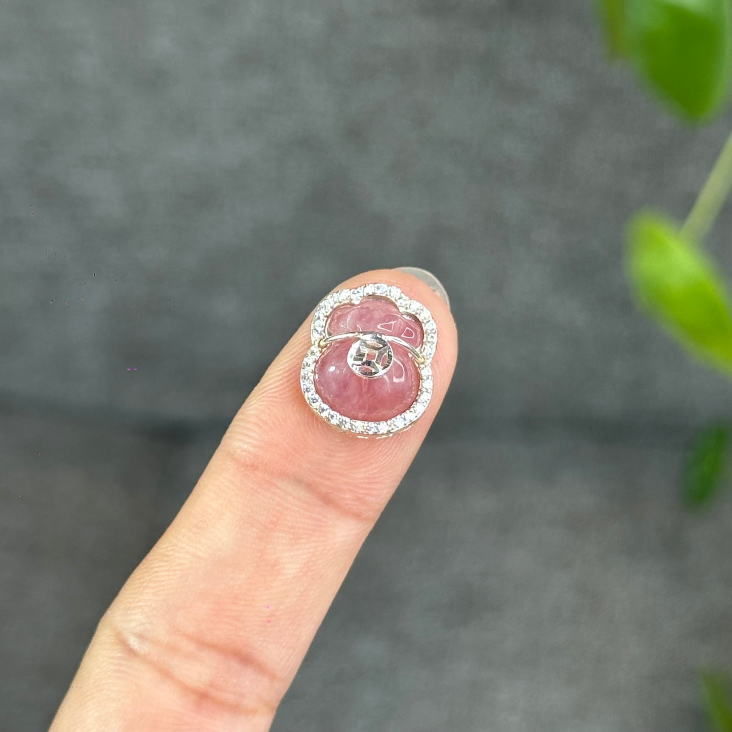 Natural Rose Quartz Money Bag Charm in Silver Setting