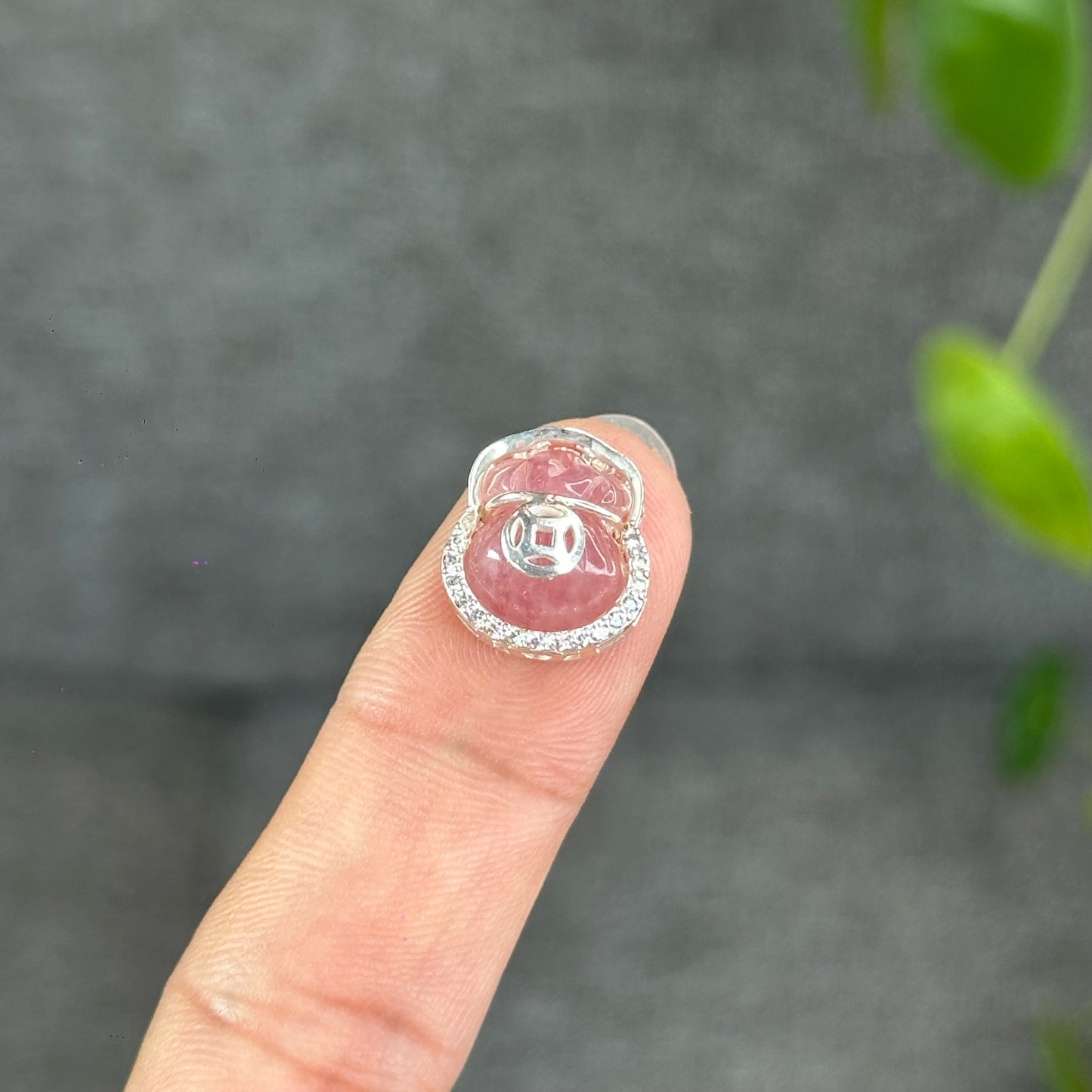 Natural Rose Quartz Money Bag Charm in Silver Setting