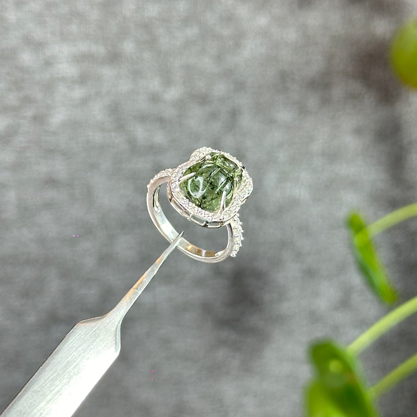 Green Rutilated Quartz Money Bag Ring in Silver with White Stone Setting Size 1.65