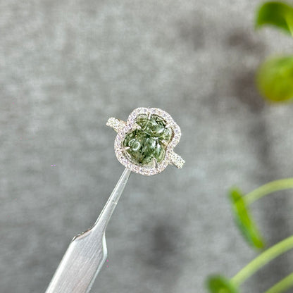 Green Rutilated Quartz Money Bag Ring in Silver with White Stone Setting Size 1.65