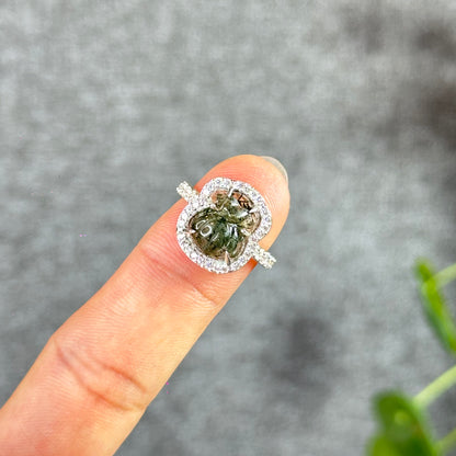 Green Rutilated Quartz Money Bag Ring in Silver with White Stone Setting Size 1.65