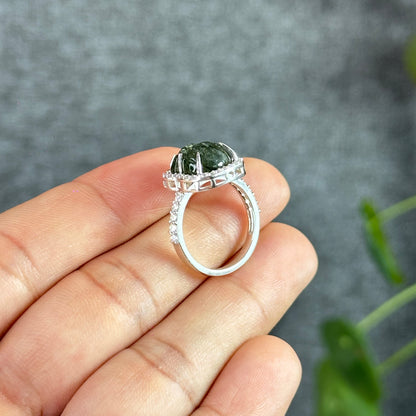 Green Rutilated Quartz Money Bag Ring in Silver with White Stone Setting Size 1.65