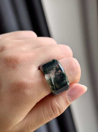 Natural Green Moss Agate Ring Square Style Size 2.0