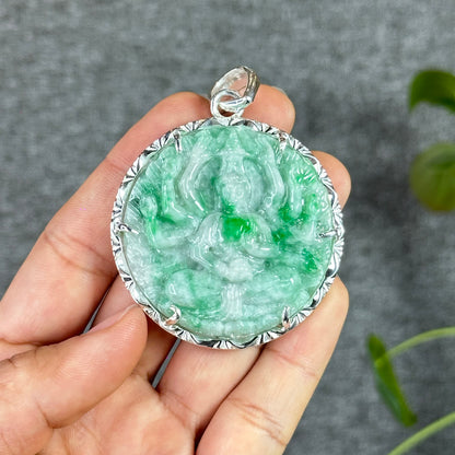 Quan The Am Thousand Hands Buddha Bright Green Son Thuy Natural Jadeite Jade Pendant with Silver Setting