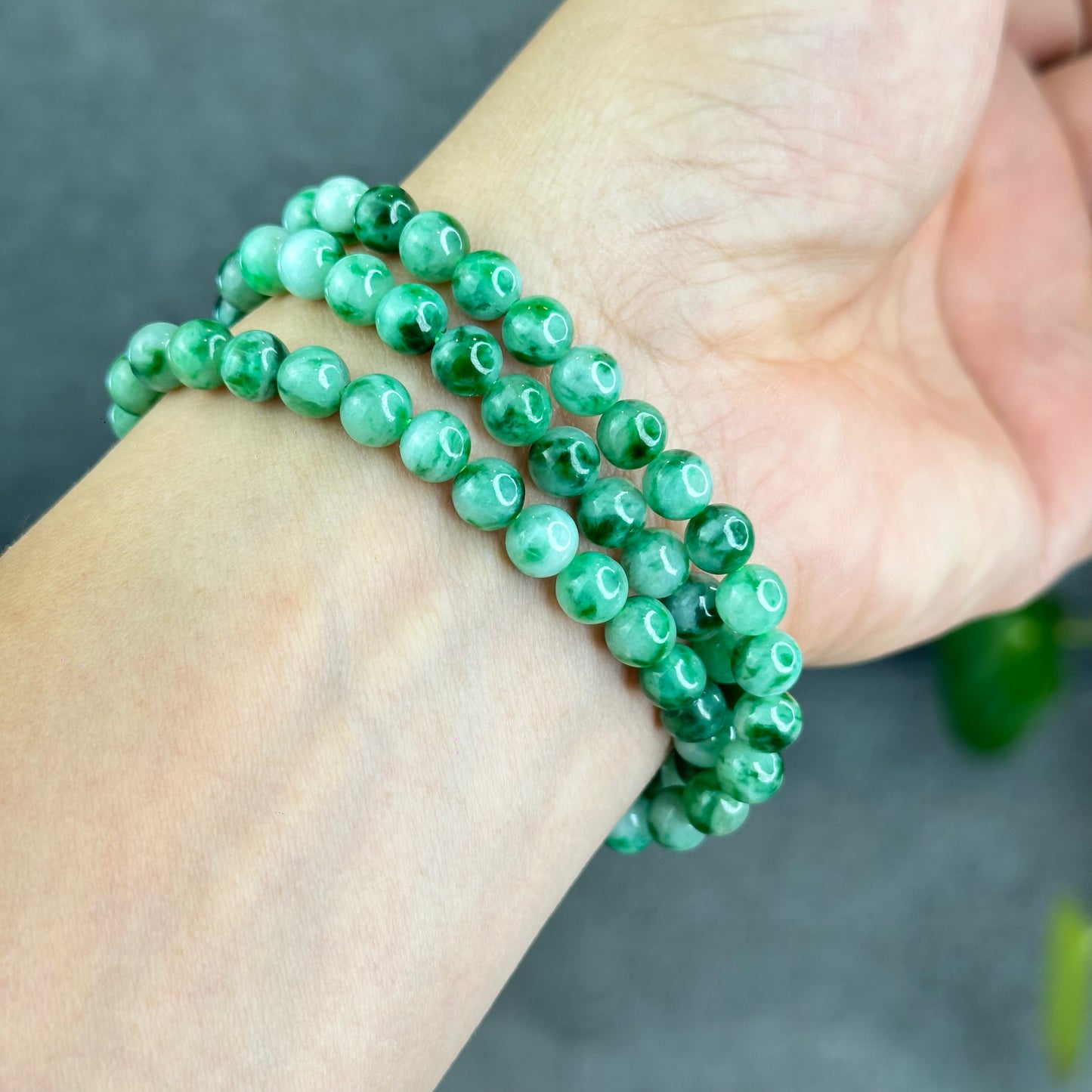 Natural Apple Green Type A Jadeite Jade Triple Wrap VIP Bracelet Size 6.5 mm