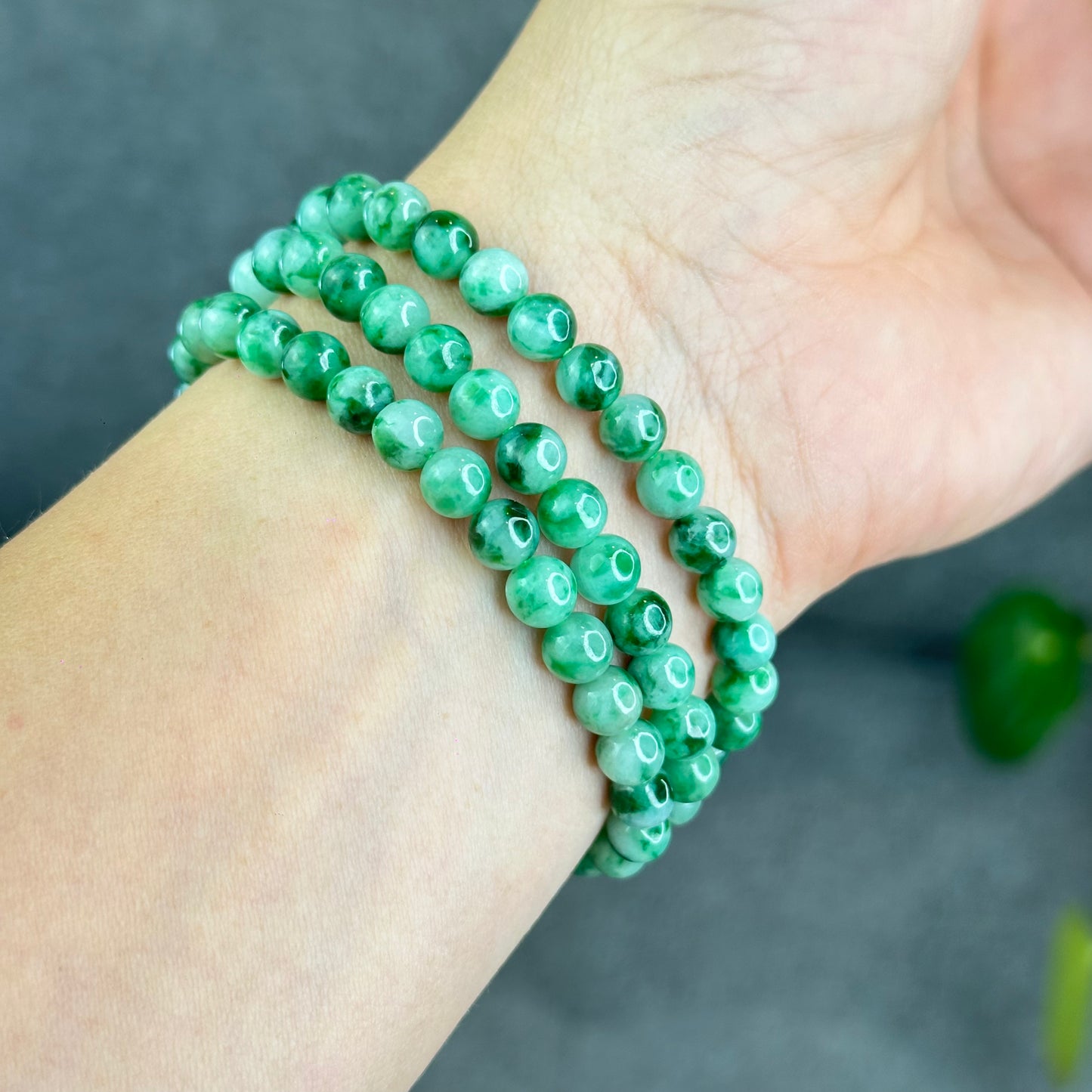 Natural Apple Green Type A Jadeite Jade Triple Wrap VIP Bracelet Size 6.5 mm