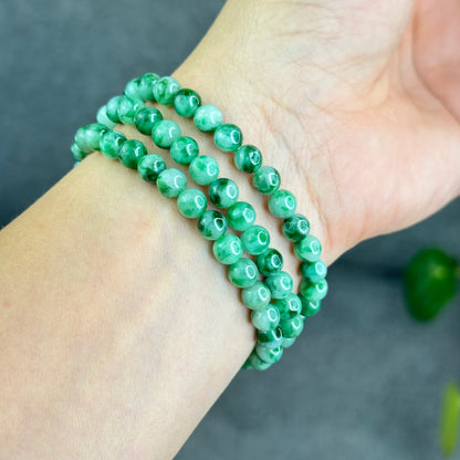 Natural Apple Green Type A Jadeite Jade Triple Wrap VIP Bracelet Size 6.5 mm