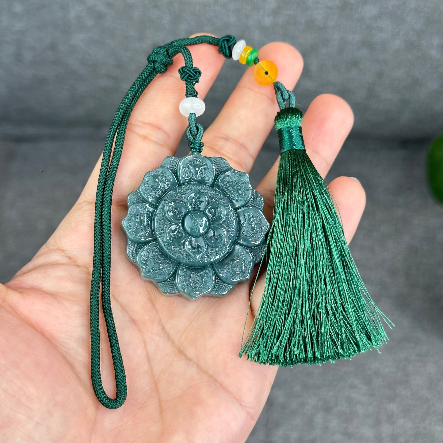 Natural Water Green Type A Jadeite Jade Lotus Eight Treasures Pendant