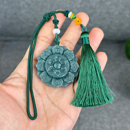 Natural Water Green Type A Jadeite Jade Lotus Eight Treasures Pendant