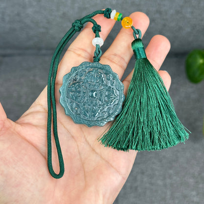 Natural Water Green Type A Jadeite Jade Lotus Eight Treasures Pendant