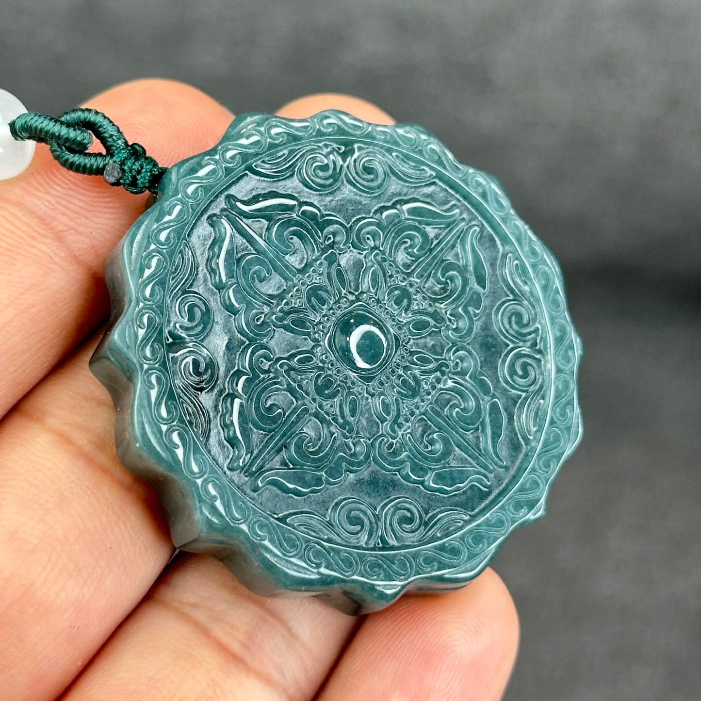 Natural Water Green Type A Jadeite Jade Lotus Eight Treasures Pendant