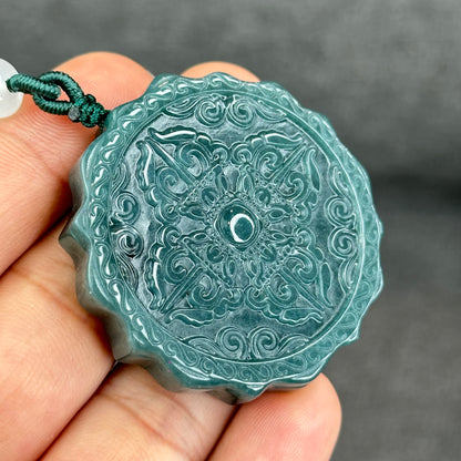 Natural Water Green Type A Jadeite Jade Lotus Eight Treasures Pendant