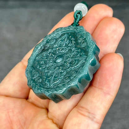 Natural Water Green Type A Jadeite Jade Lotus Eight Treasures Pendant