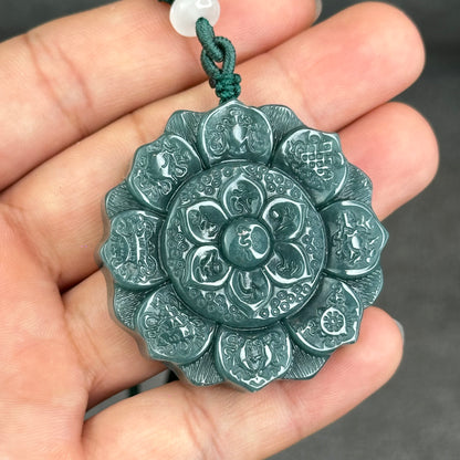 Natural Water Green Type A Jadeite Jade Lotus Eight Treasures Pendant