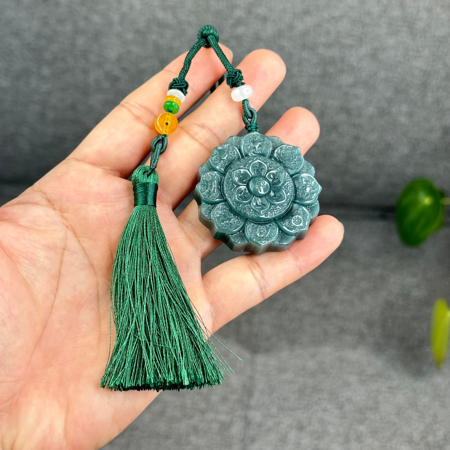 Natural Water Green Type A Jadeite Jade Lotus Eight Treasures Pendant