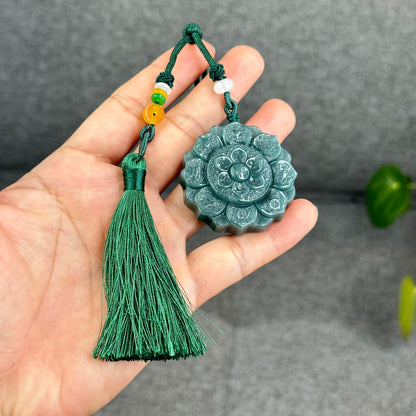 Natural Water Green Type A Jadeite Jade Lotus Eight Treasures Pendant