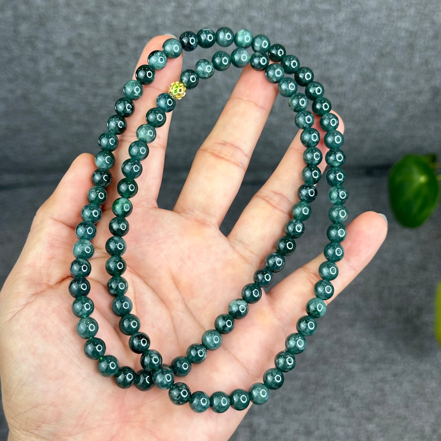 Natural Type A Jadeite Jade Dark Water Green Semi Translucent Triple Wrap Size 6.5 mm