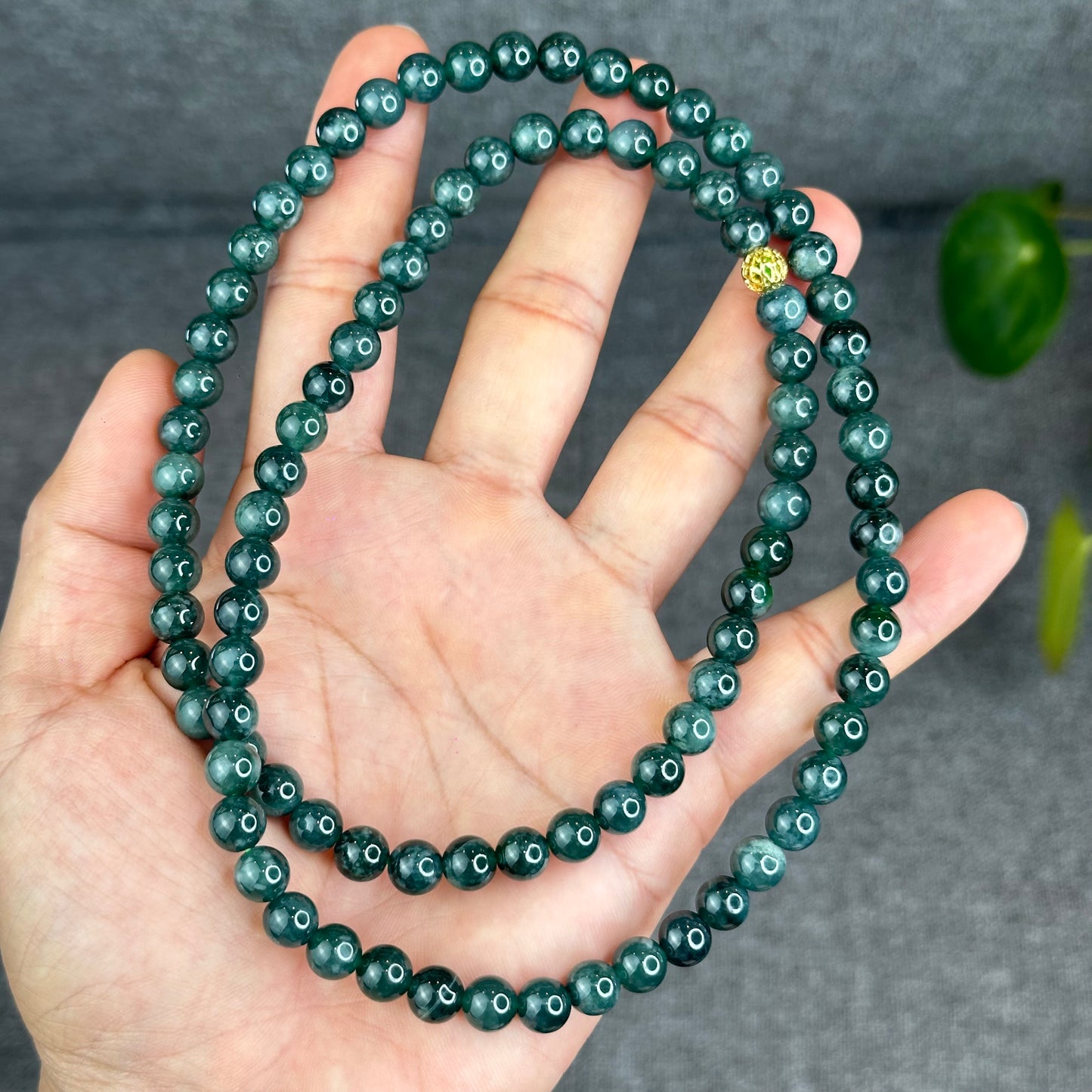 Natural Type A Jadeite Jade Dark Water Green Semi Translucent Triple Wrap Size 6.5 mm
